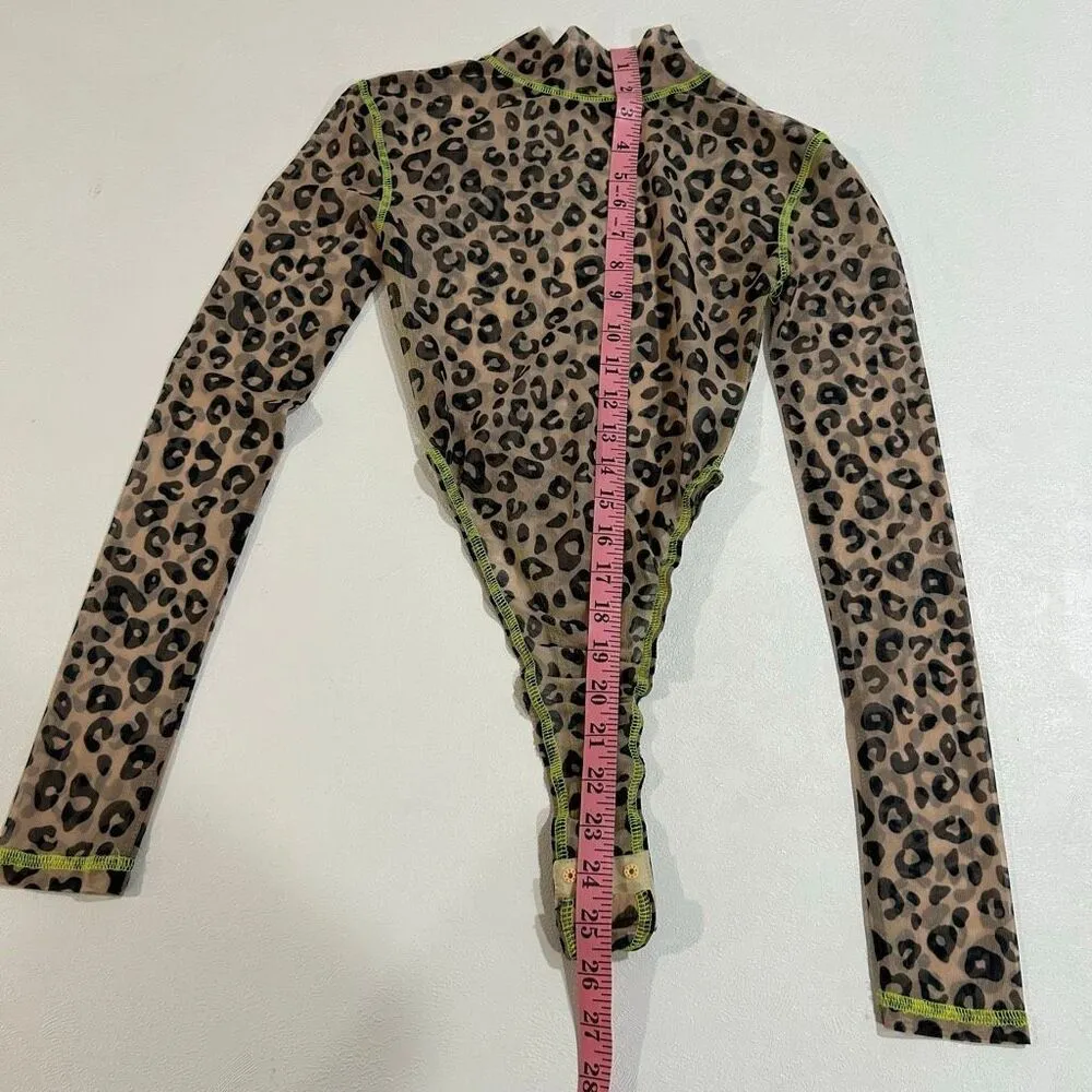 Oh Polly Leopard Mesh Bodysuit Size 4 Sheer Long Sleeve Snaps Y2K Clubwear - Image 5