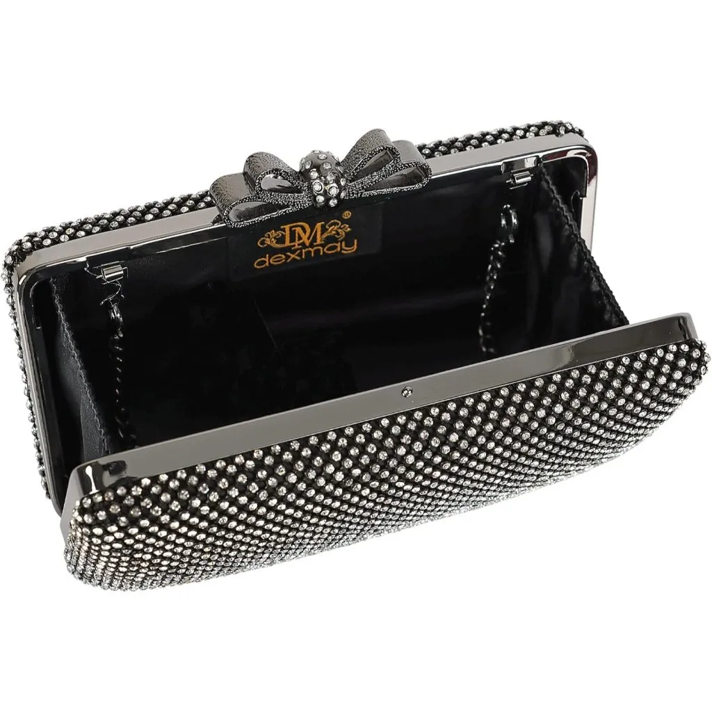 ⚡ Women's Black White Rhinestone Crystal Bow Clasp Metal Chain Clutch Handbag - Image 6