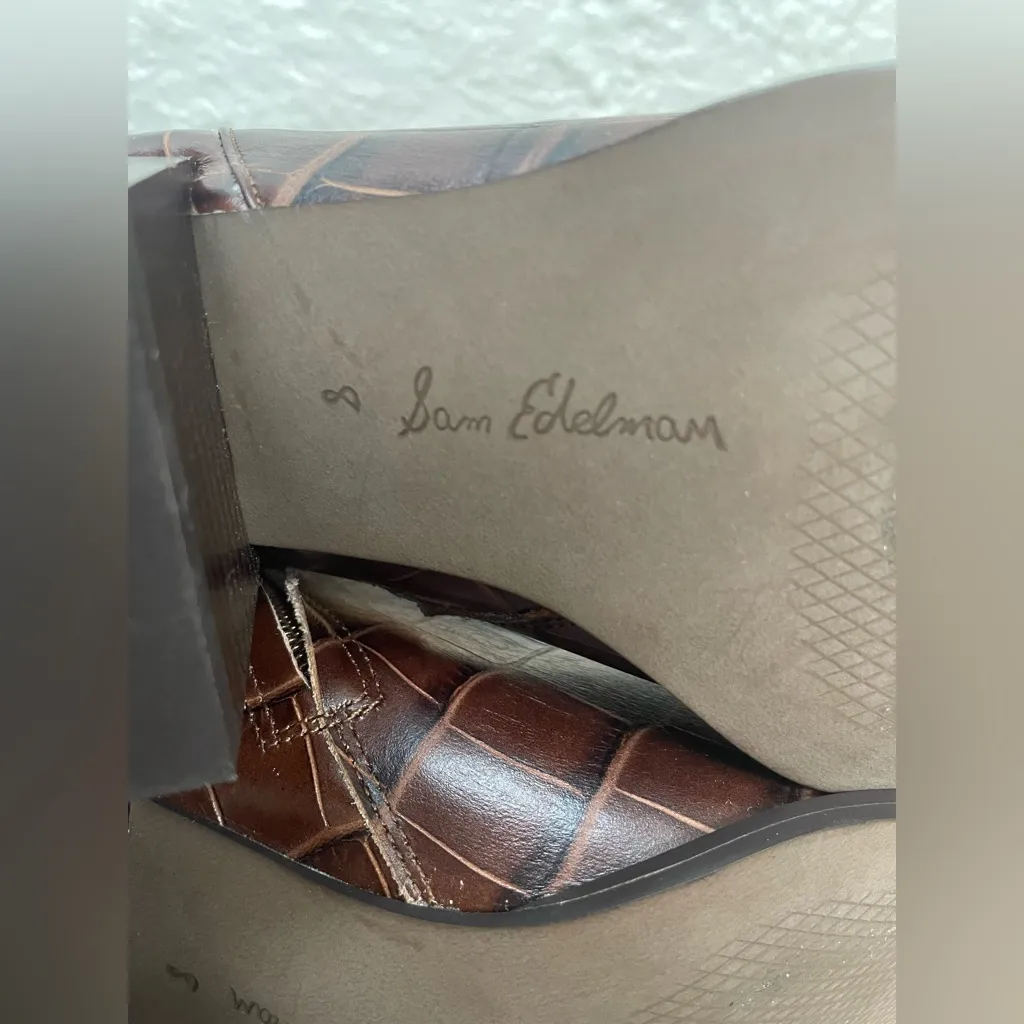 Sam Eldeman  Cari Cocoa leather brown chunky square heel, pointy toe booties; 8 - Image 7