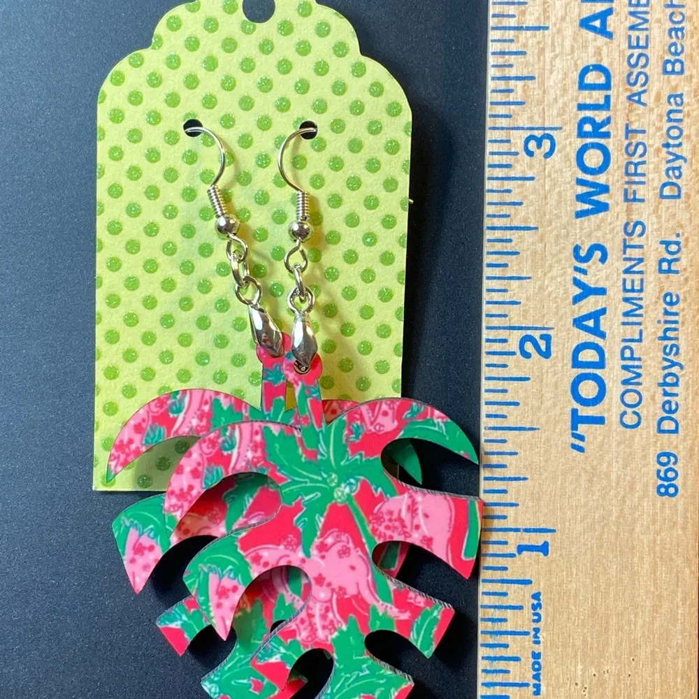Pink Elephant, Palm Leaf, Dangle Pierced Earrings - Image 3