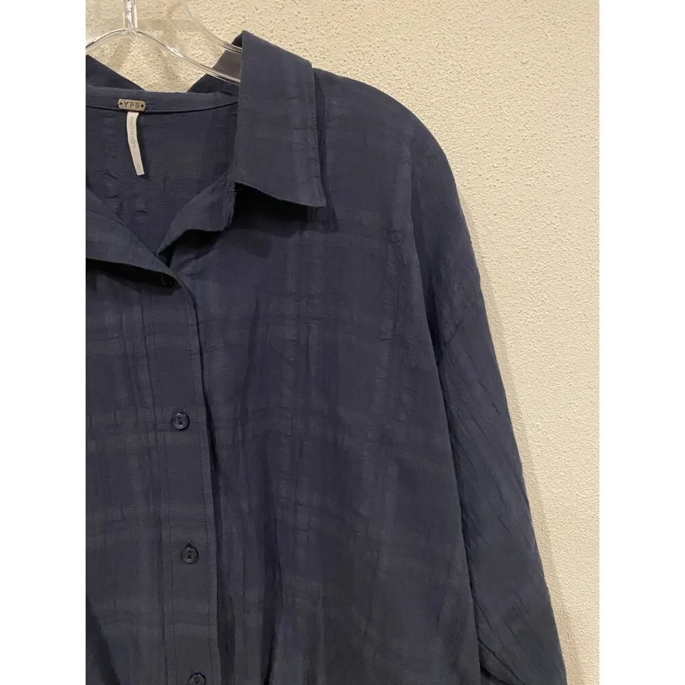 YFB Shirt Womens Large Button Front Tie Waist Long Sleeve Lightweight Top Blouse - Image 3