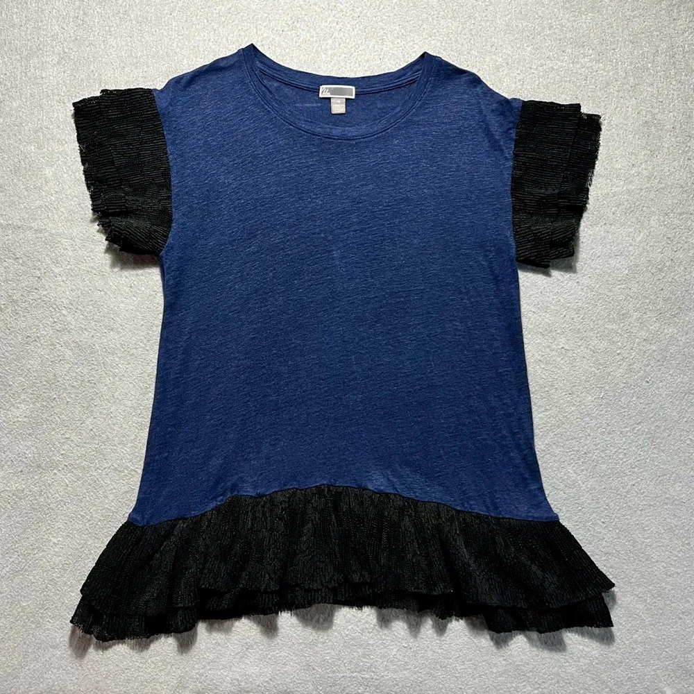 Chelsea28 Women’s Top XS Blue Linen Black Ruffle Hem & Sleeves Lace Trim - Image 3