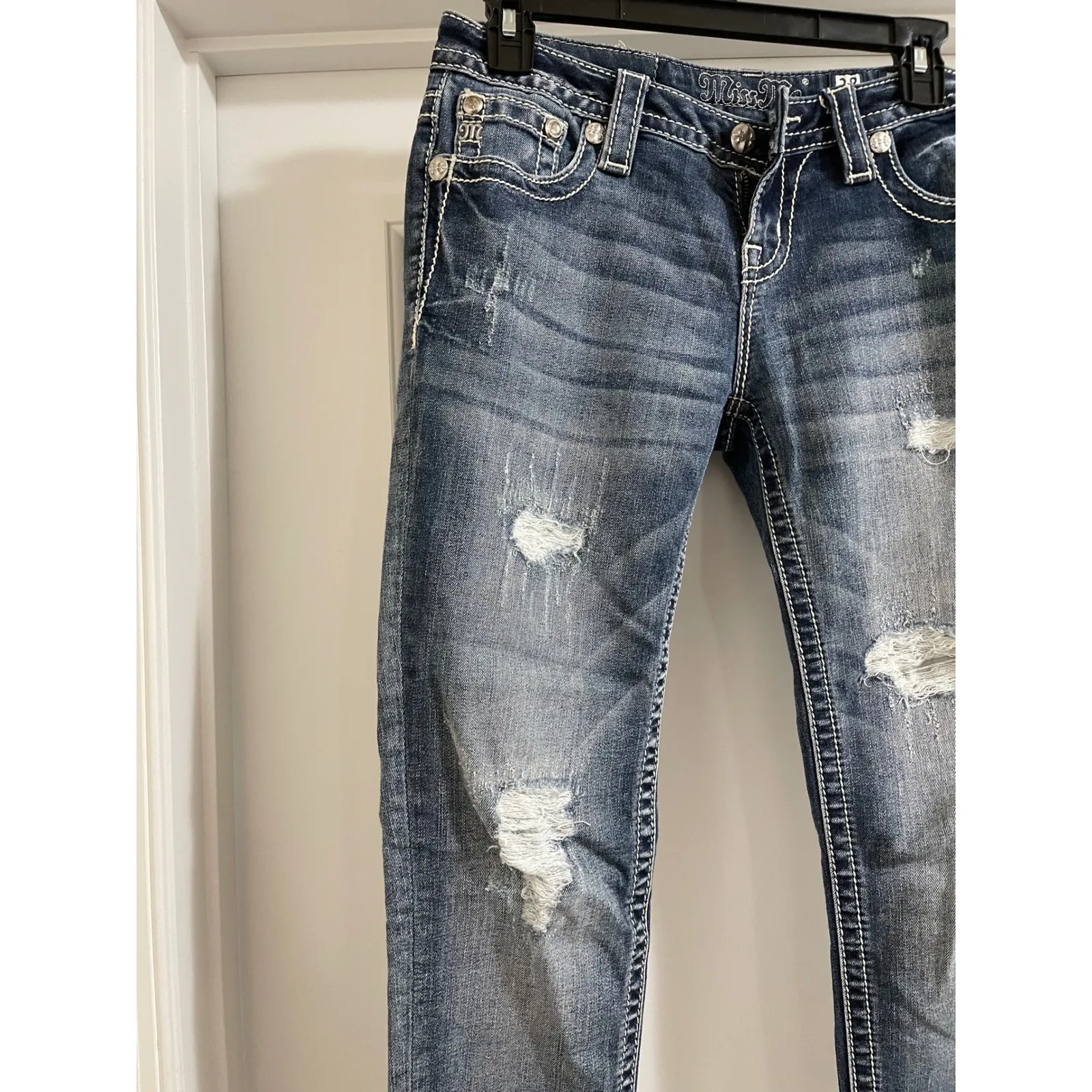 Miss Me Jeans Womens Size 29 Distressed Embellished Pocket Blue Denim Skinny - Image 2