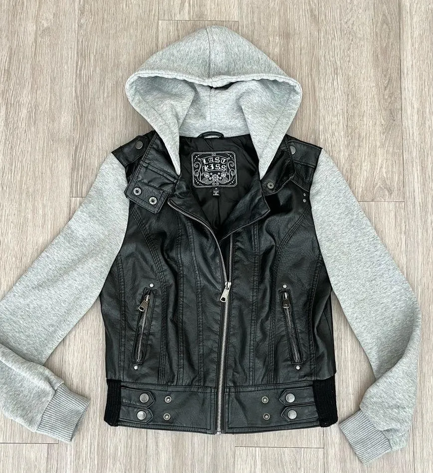 Last Kiss Y2K Black Leather Hybrid Gray Hooded Zip Moto Jacket Size Medium - Image 6