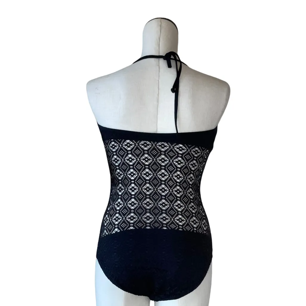 NWT SUN & SEA CROCHET LACE HALTER NECK ONE PIECE SWIMSUITS/ BODYSUIT Black Size 12 - Image 4