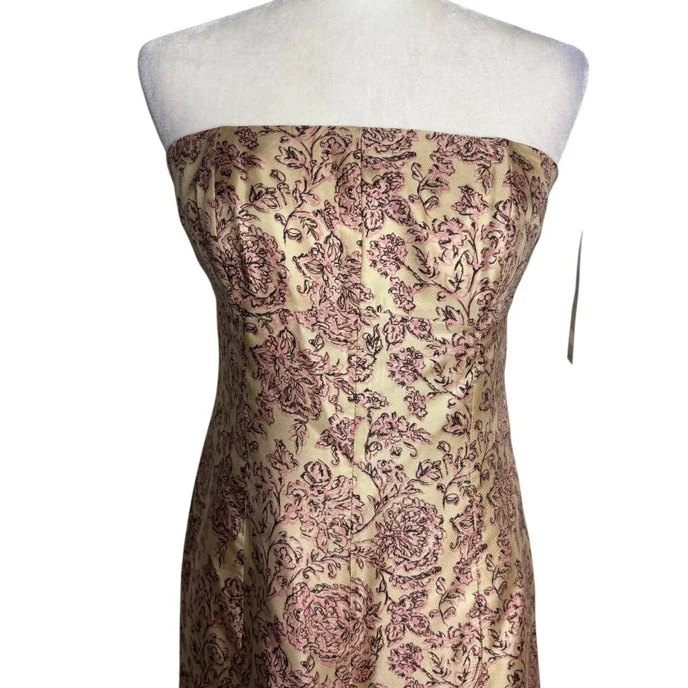 Ideology Strapless Silk Midi Dress Size 8 Gold Pink Lace Trim Zipper Lined - Image 3