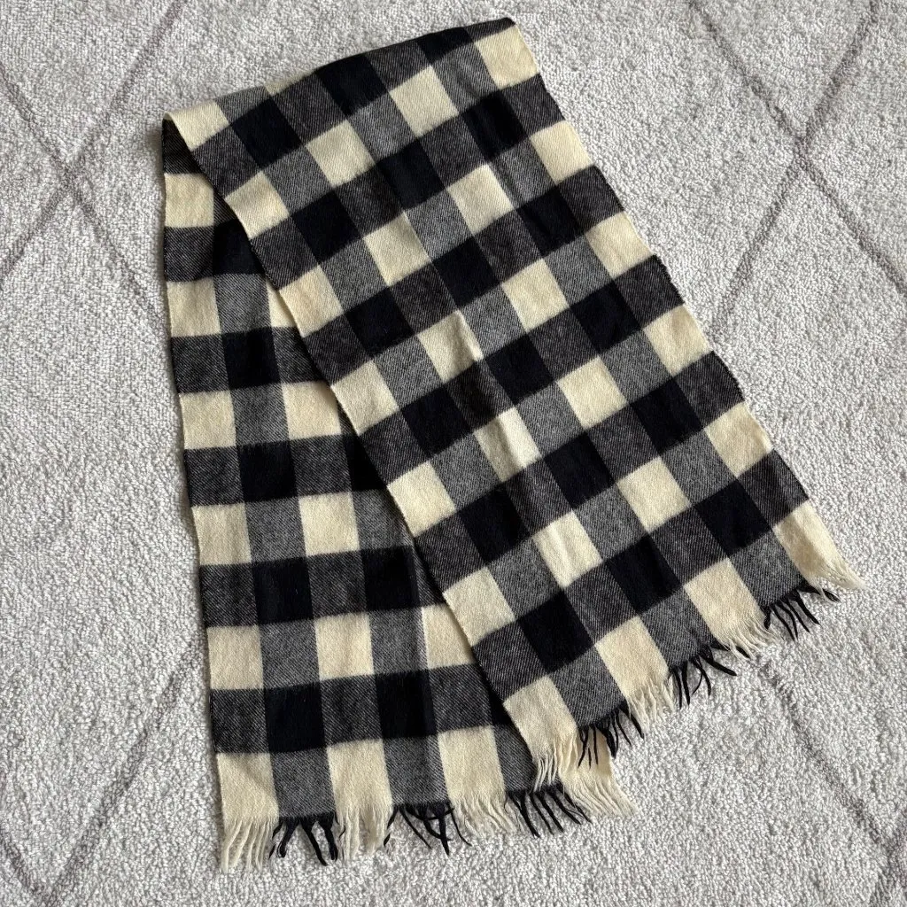 Wool Black & Cream Large Buffalo Check Wool Blend Plaid Rectangle Scarf 12x52 - Image 2