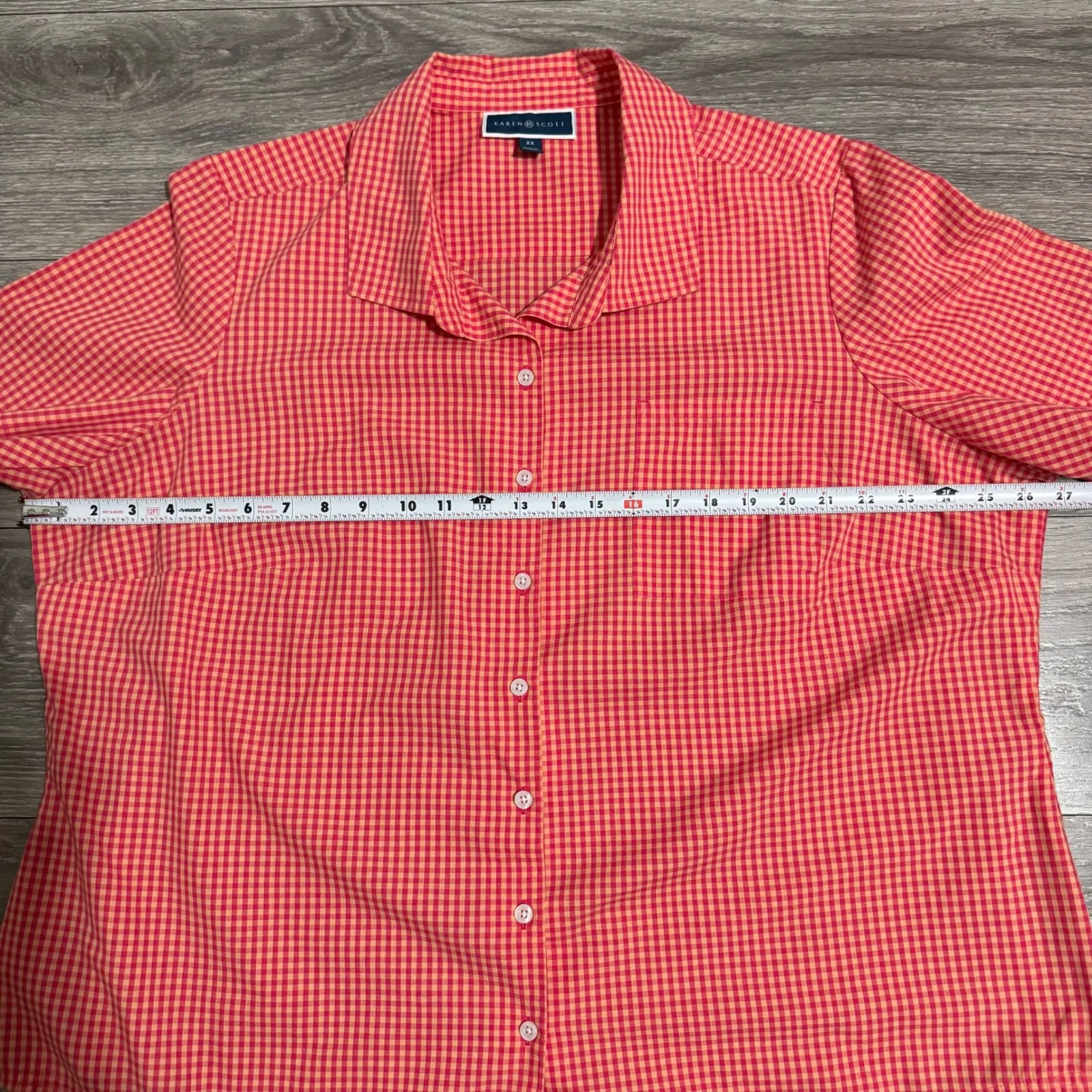 Karen Scott Womens 2X Gingham Check Short Sleeve Collared Button Up Shirt Coral - Image 7