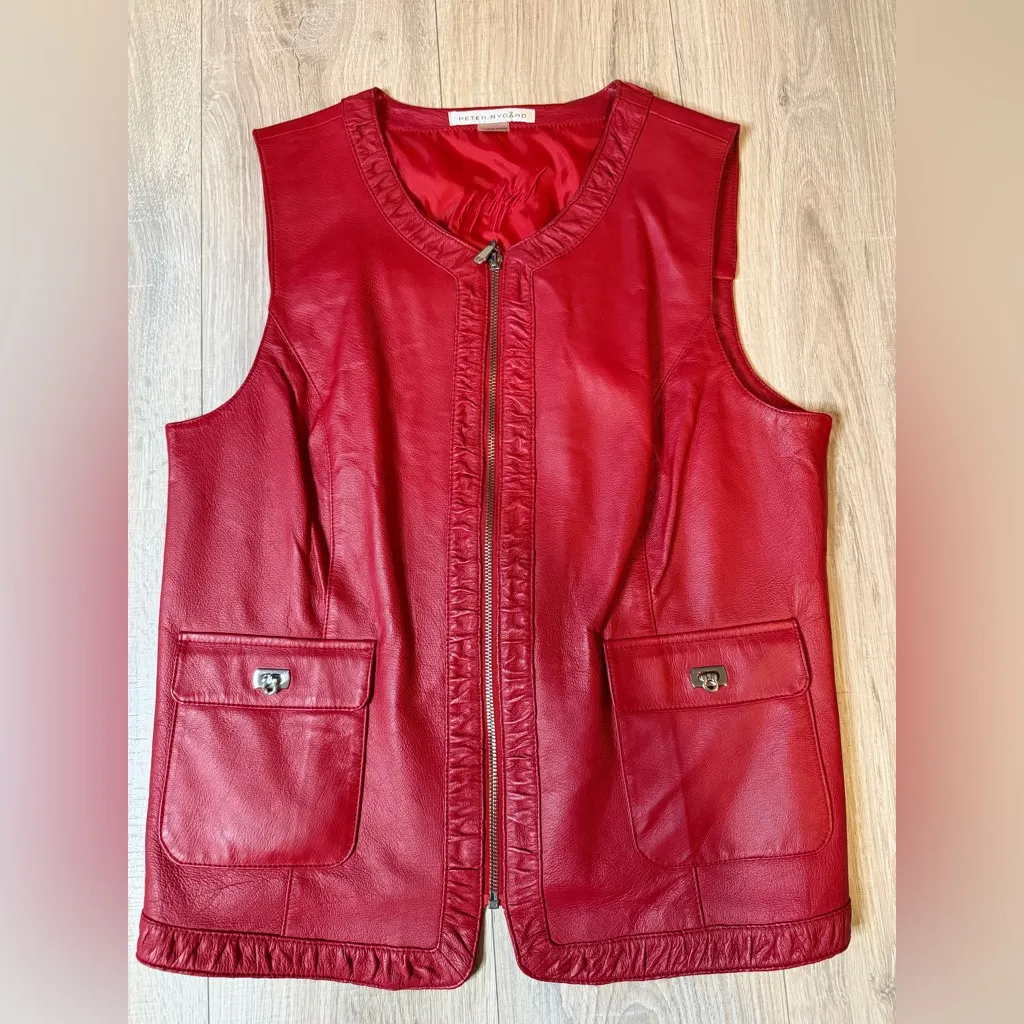 Peter Nygård Women’s Red Genuine Leather Zip Vest Size L Pockets, Stretch Back - Image 13