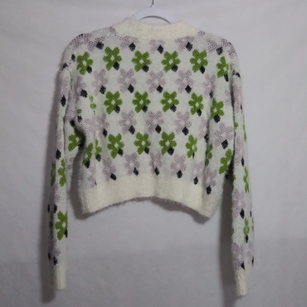 Cream Green Purple Floral Knit Fuzzy Cropped Cardigan Sweater Spring Size L Size L - Image 8