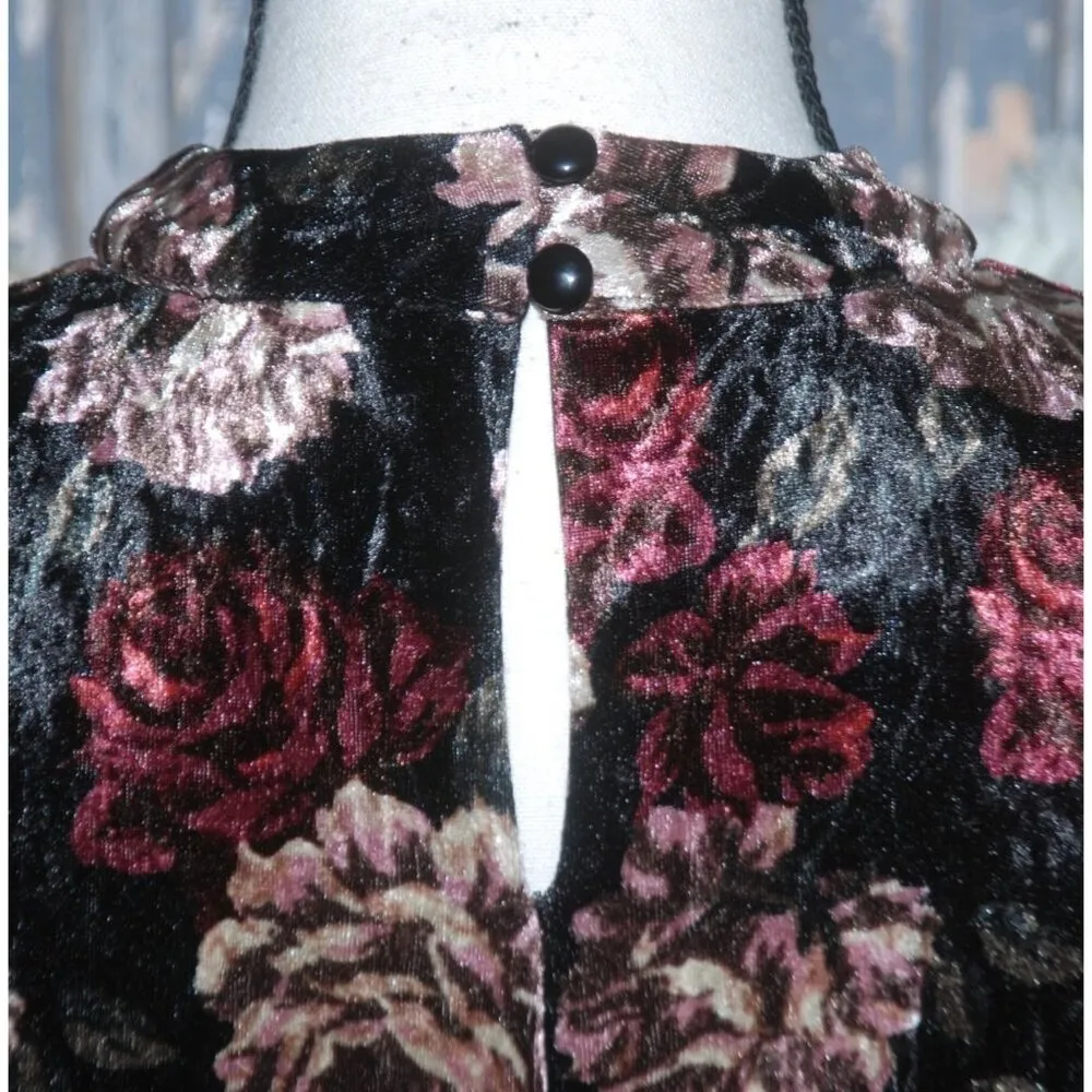 AGB Black Burndy Velvet Floral Dress Size M Whimsy Goth 90's Choker Neckline Size M - Image 6