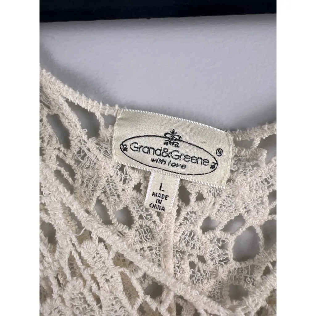 Grand & Greene Women’s Large Cream Crochet Lace Top 100% Cotton Boho Cottagecore - Image 3