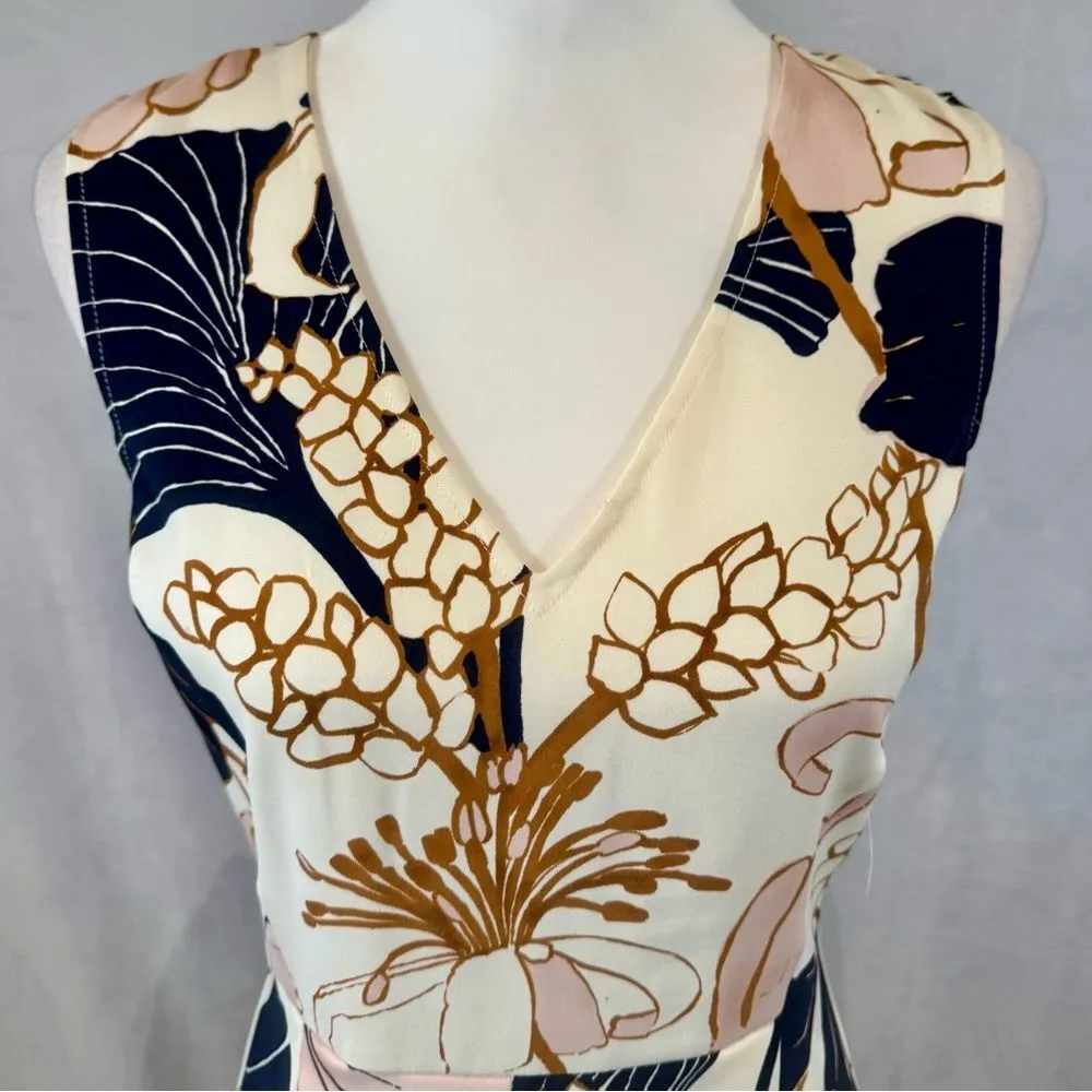 Ann Taylor white navy pink and copper blossom floral pleated flare dress size 4 - Image 2