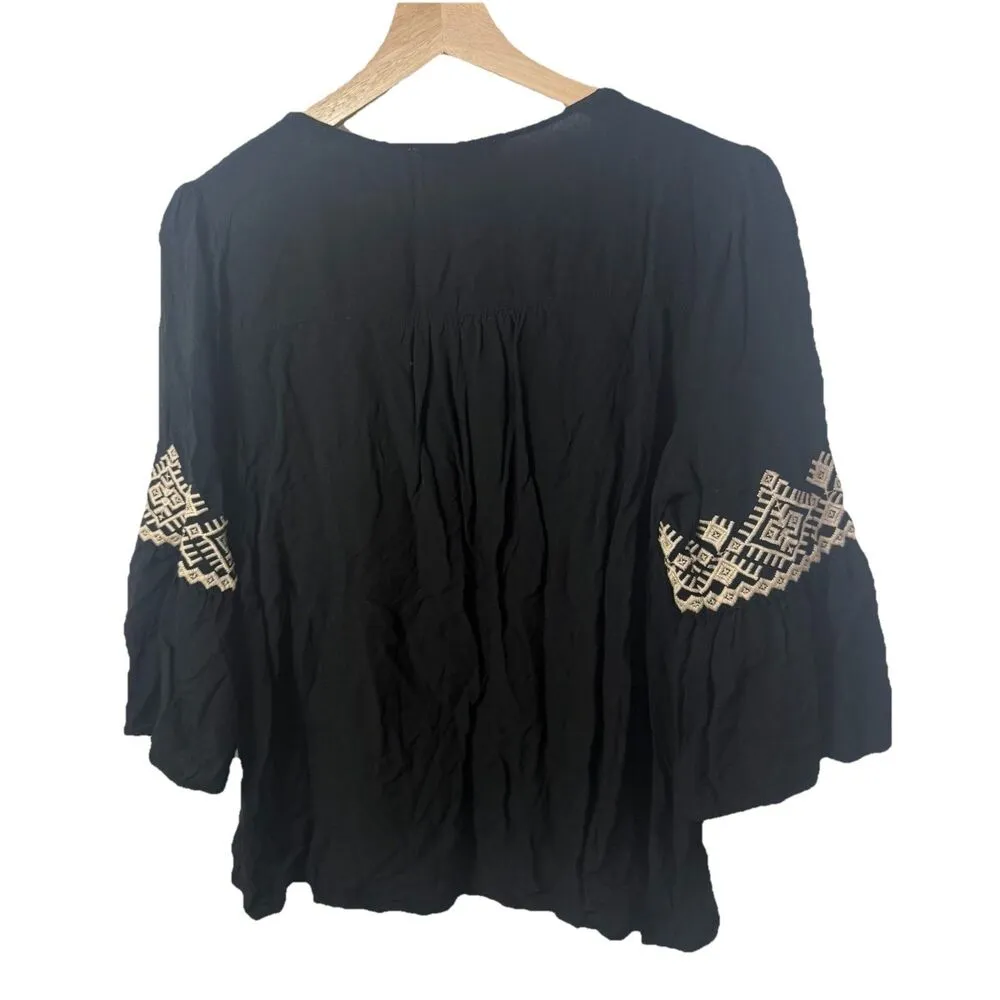Savanna Jane Embroidered Boho Flare Sleeve Top Western Hippie Peasant Festival M Black Size M - Image 2