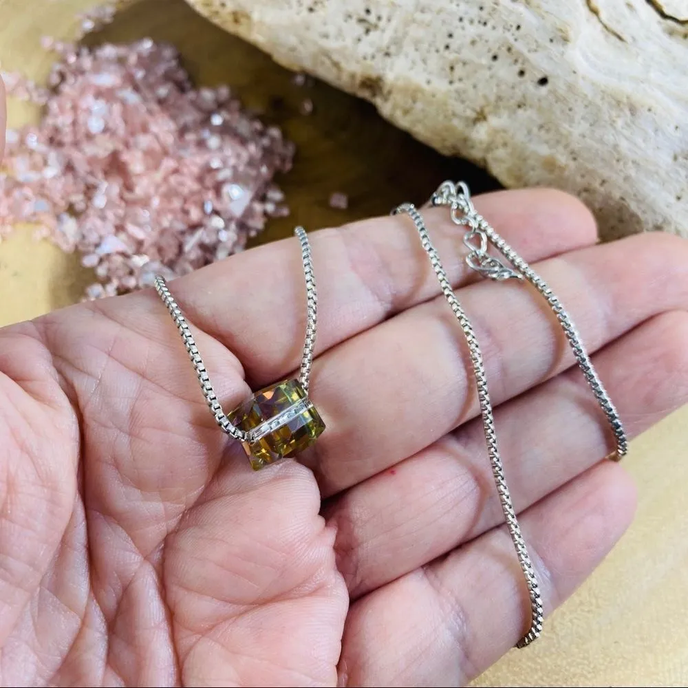 Crystal Rainbow Prism Cube Silver Chain Necklace - Image 3