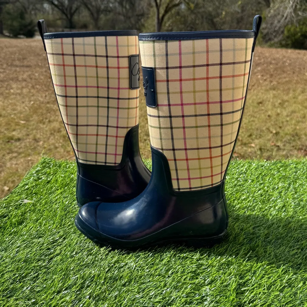 Coach Perl Navy Plaid Pattern Rain Boots for Women Size 8B - Image 2