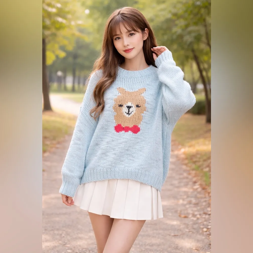 Make + Model Light Blue Sweater with Alpaca Design L over side - Image 2