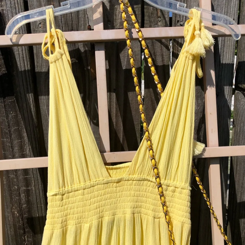 Yellow Strappy Sundress Small with tassels and Straw purse - Image 2