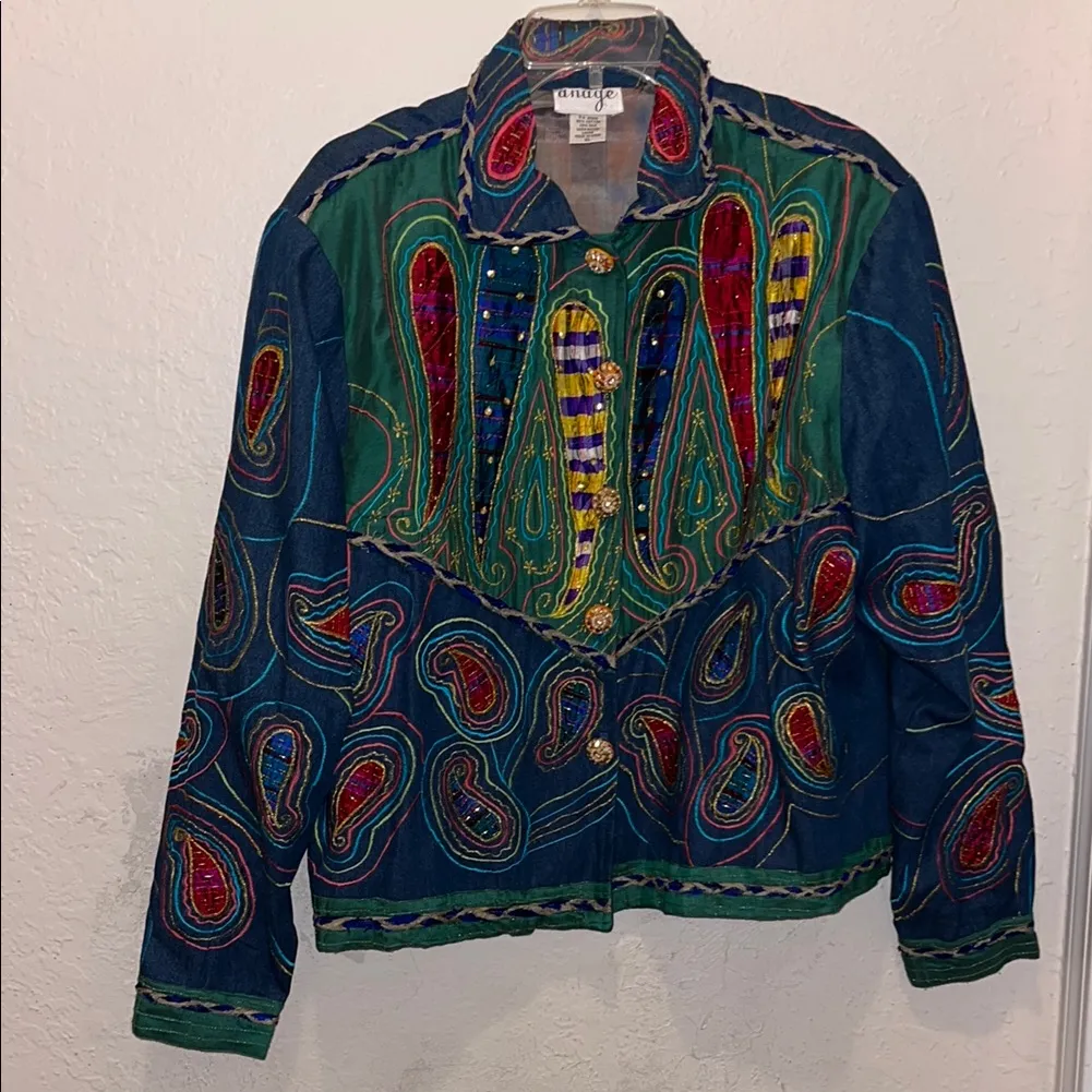 Vintage Jean Jacket Wearable Art Embroidered Denim & Silk Jacket Abstract Art Size XL - Image 2