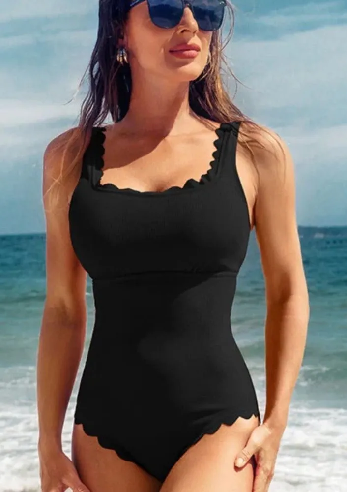 Charmo Women’s Black Scalloped Swimsuit One Piece Square Neck SPF50+ Size M NWT Black Size M - Image 1