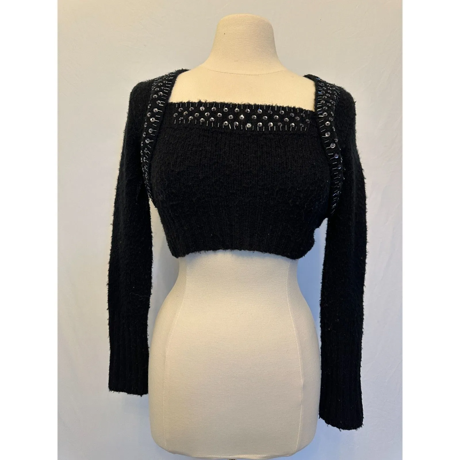 Y2K Black Bejeweled Crop Sweater Size Medium - Image 6
