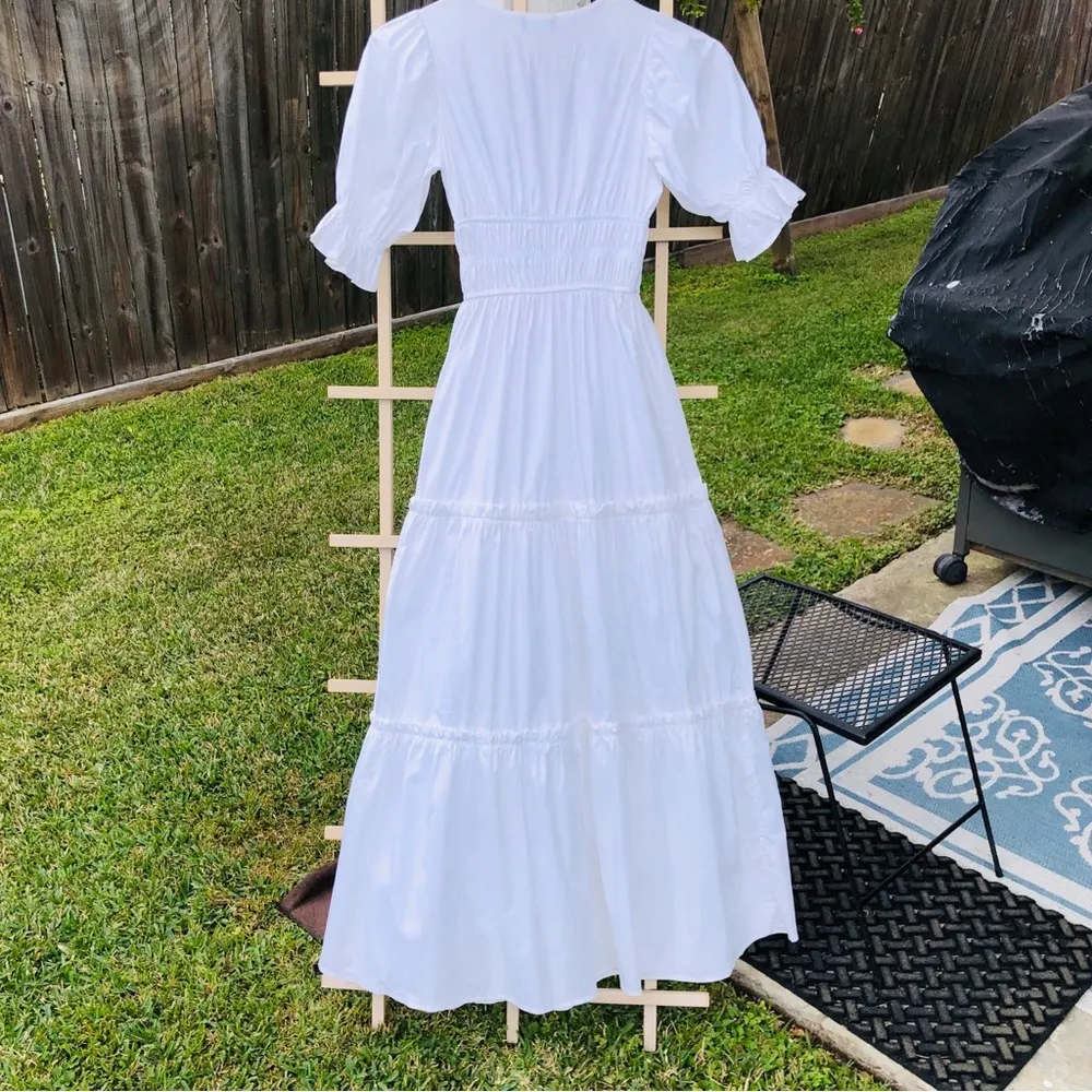 White Cotton Blend Tiered Puff Sleeves Maxi Dress M Size M - Image 7