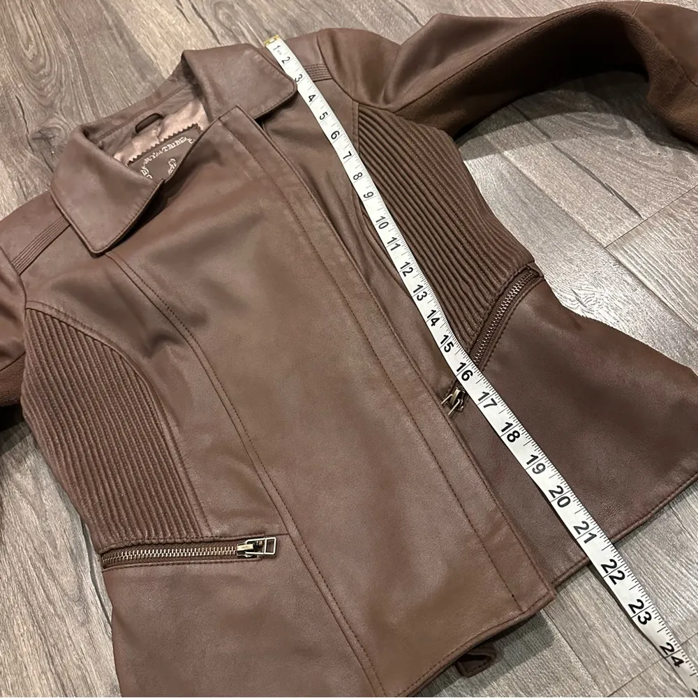 My Tribe Leather Moto Jacket Brown Full Zip Asymmetric Hem Biker Rocker XS Y2K - Image 16