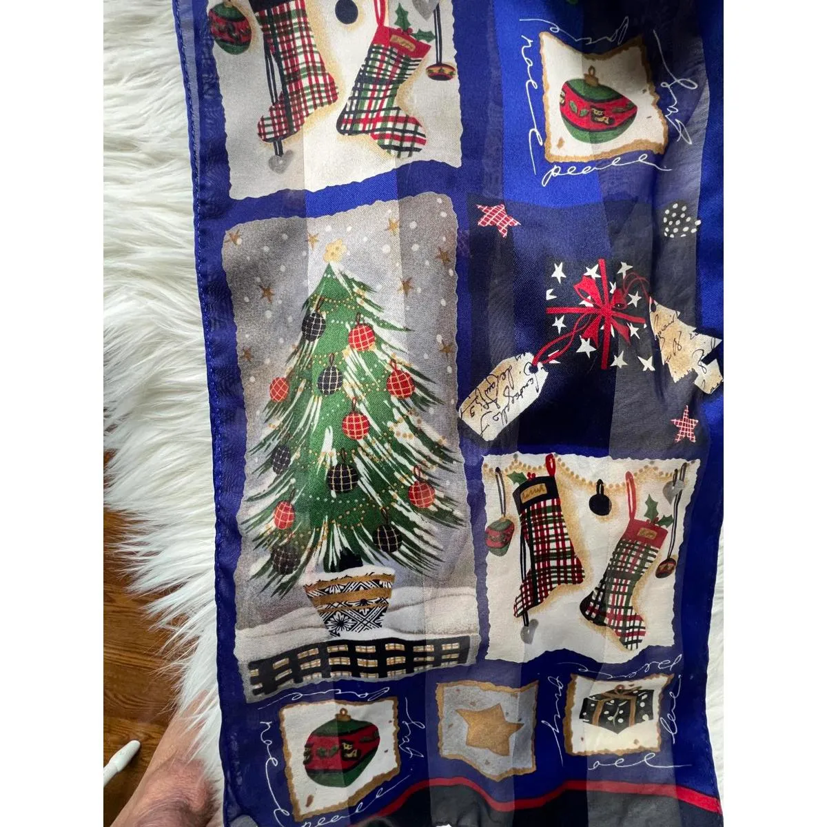 Liz Claiborne Silk Blue Holiday Patterned Scarf - Image 5