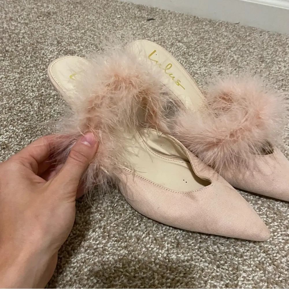 Lulus Blush Pink Feather Accent Pointed Toe Heels - Image 2