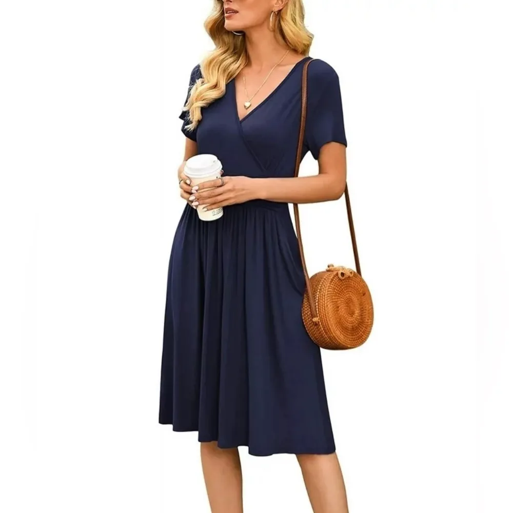 Navy Blue Midi Party Dress High Waist Surplice Front Popyoung Size Small NEW - Image 4