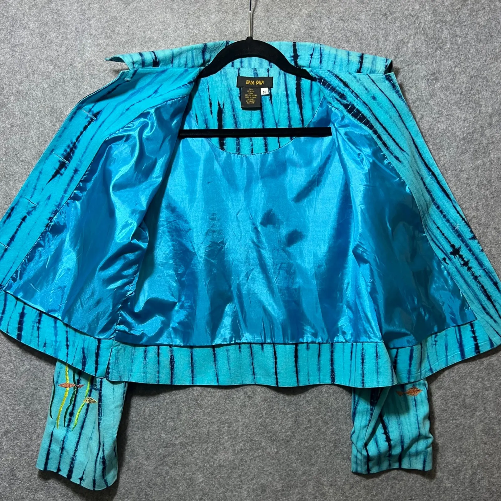 Bala Bala Embroidered Fish Sea Life Silk Jacket M Silk Vintage Ocean Art to Wear Blue Size M - Image 8