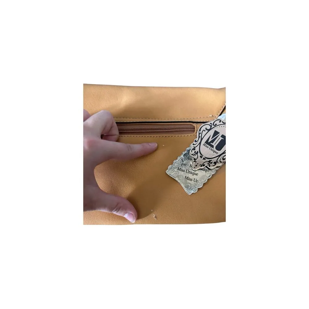 NWT Miss Unique Beaded Clutch Bag Tan Faux Leather Gemstone Floral Colorful Yellow - Image 7