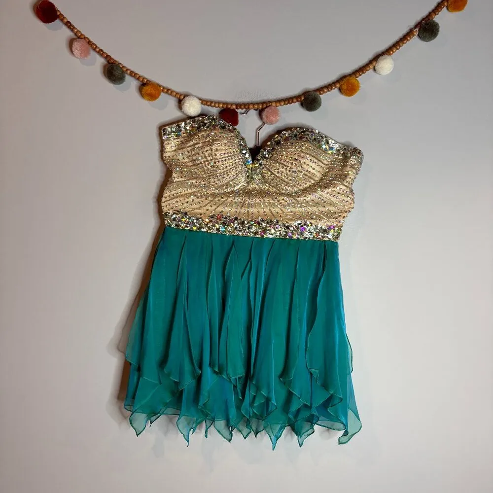 Sherry Hill strapless embellished formal dress Style 1928 in Teal - Image 2