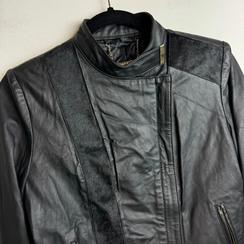 IMAN Genuine Leather Zip Jacket Sz XS Womens Fur Moto Black - Image 5