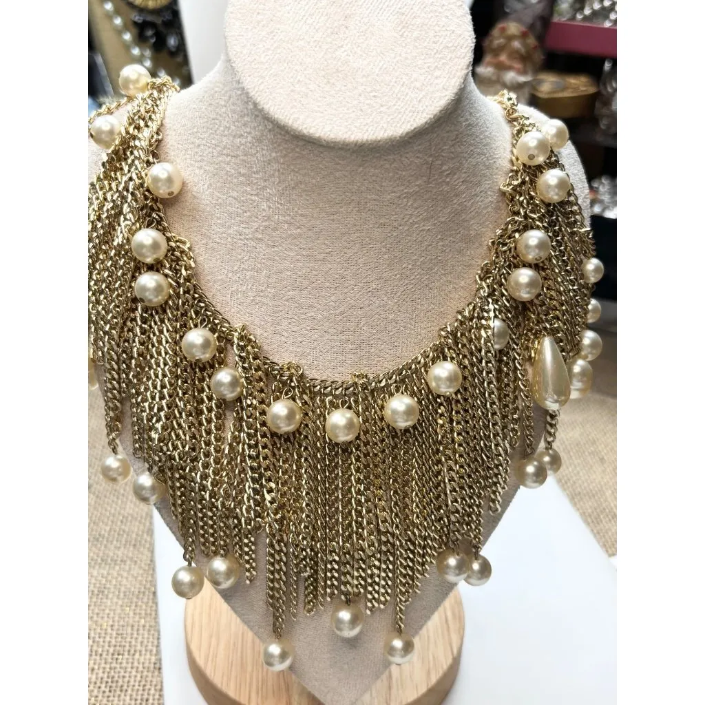 Gold Chain Fringe Necklace With Dangling Faux Pearls Adjustable Hook Closure Sta - Image 6