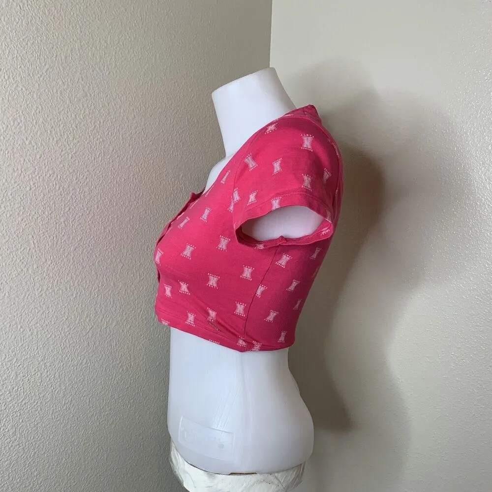 Womens Savage X Fenty Pink Crop Top Sz Small? All Over Logo Print Fabric Buttons - Image 5
