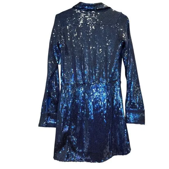 NWT Free People Sophie Sequin Mini Dress Navy Blue Longsleeve‎ Button Up Dress S - Image 4