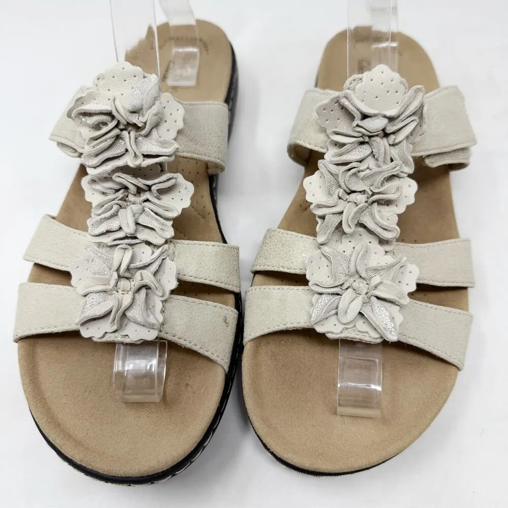 [Clarks] Cream Tan Leather Laurieann Judi Floral Comfort Sandals Hook & Loop 9 - Image 7