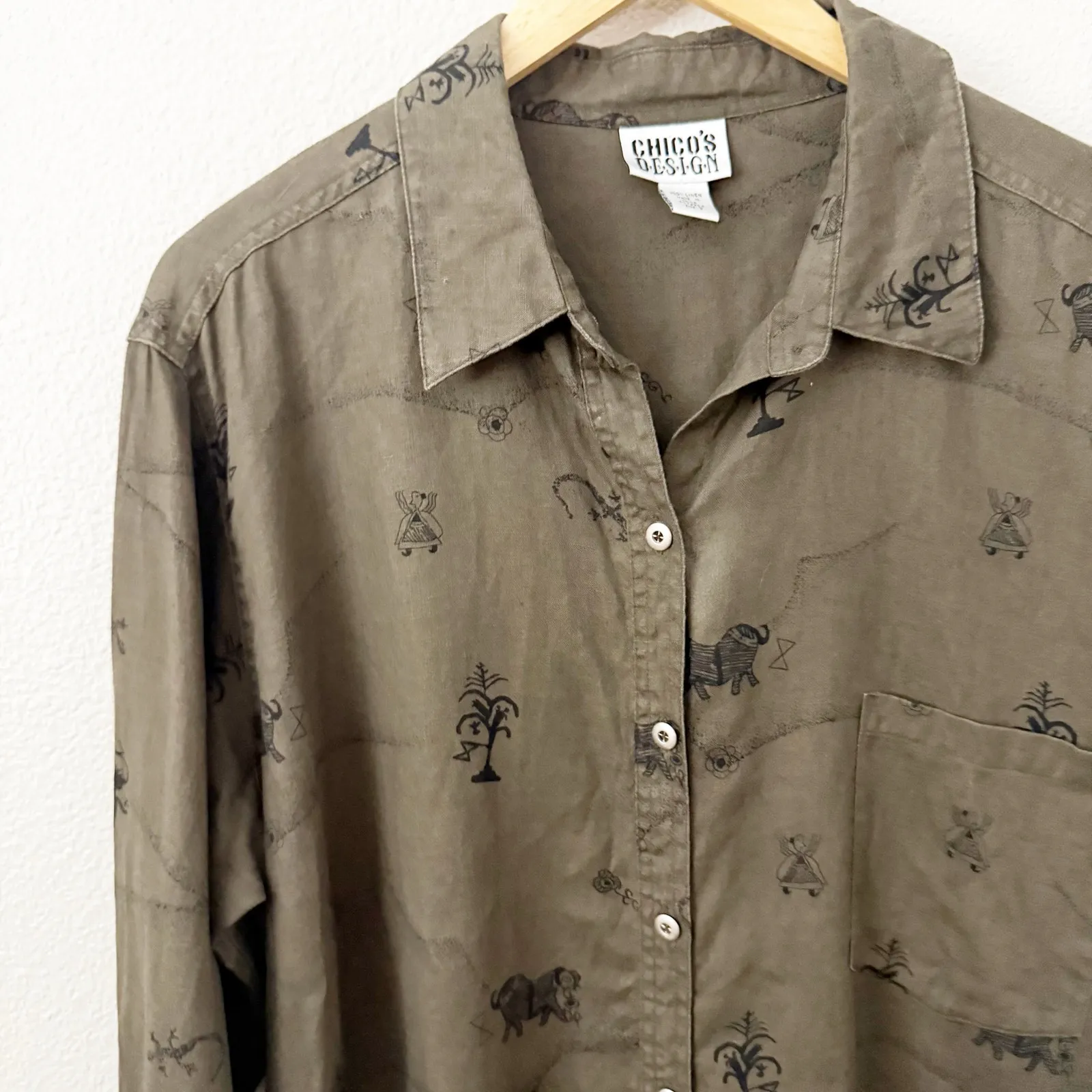 CHICO'S DESIGN | Olive Army Green Black Print Abstract Button Down | Size 3, XL - Image 2