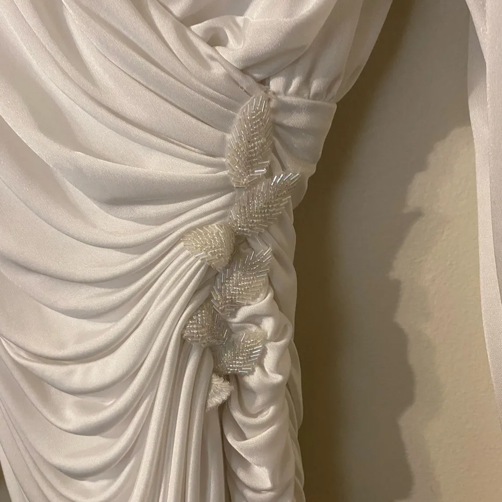 VTG 1980s Ruched Ivory Laura Winston‎ Embellished Midi Dress Juniors Size 9 - Image 2