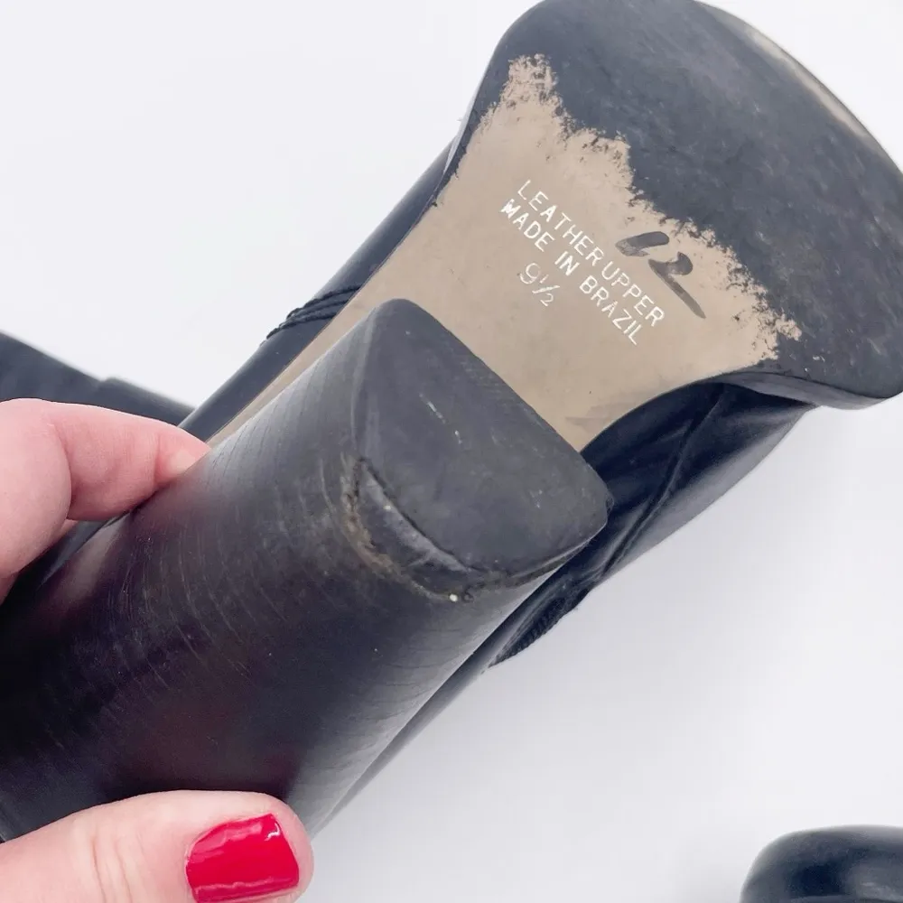 Vintage Y2K Black Leather Square Toe Buckle Strap Heeled Boots Size 9.5 Biker - Image 9