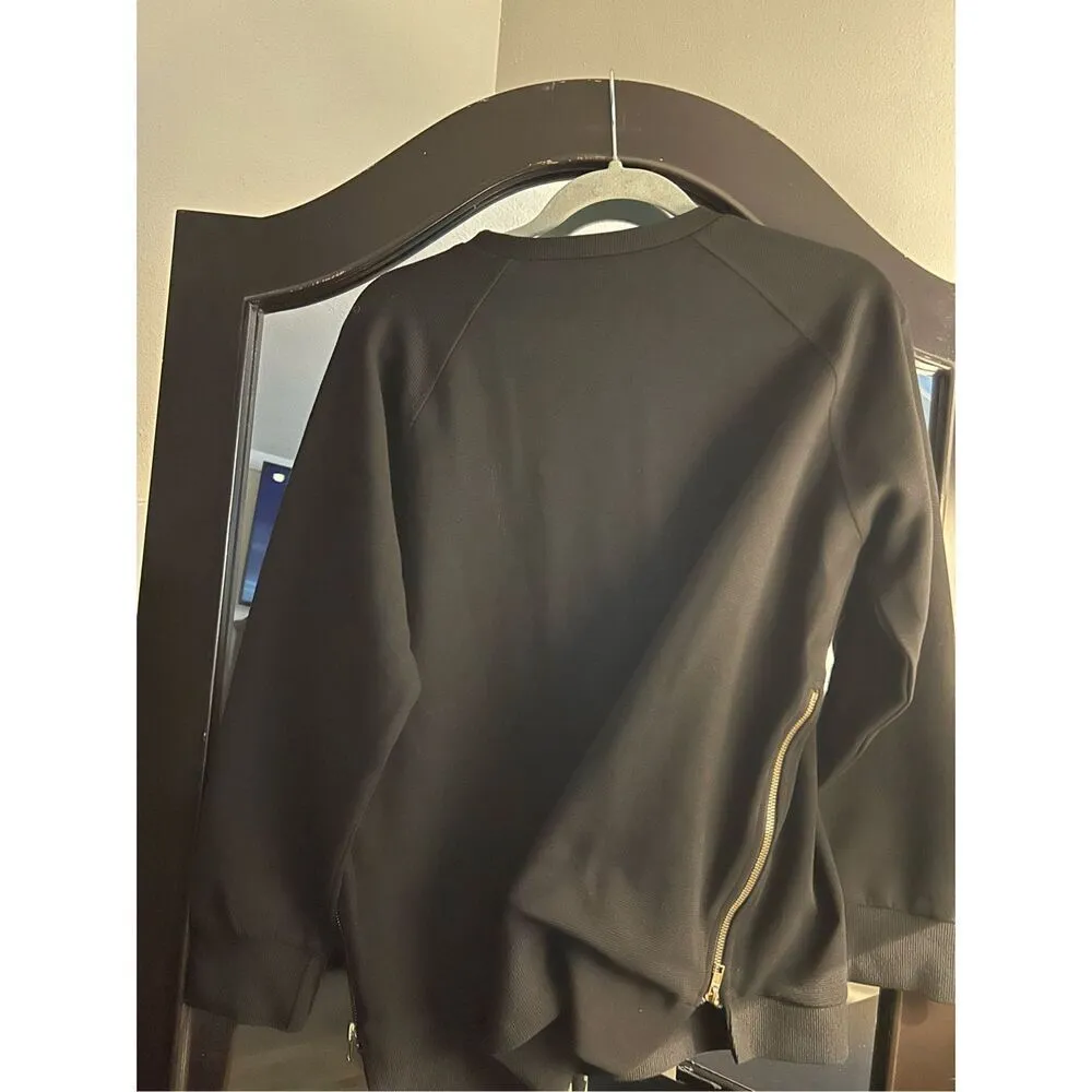 NEW Black Ribbed Crewneck Sweatshirt Gold Side Zipper S Black - Image 3