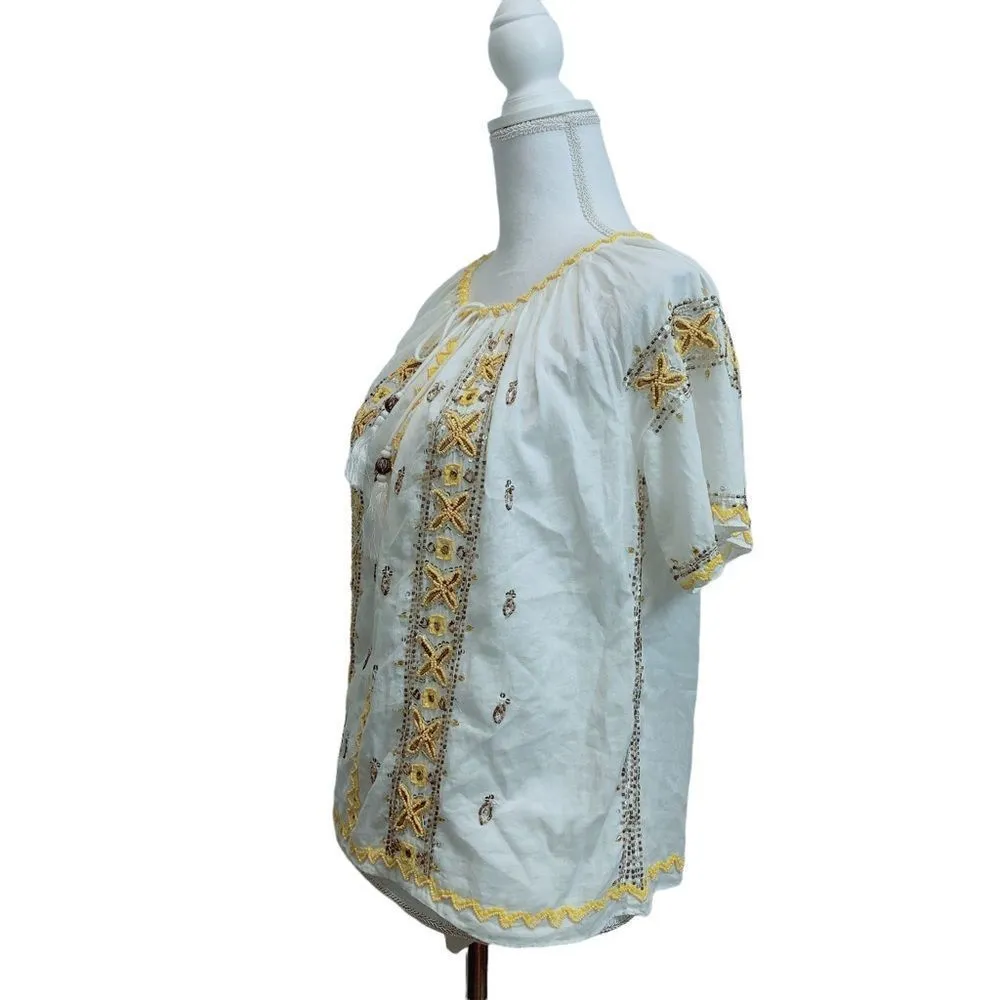 Calypso St Barth Beaded Tassel Key Hole Boho Top Sz XS Sequins - Image 3