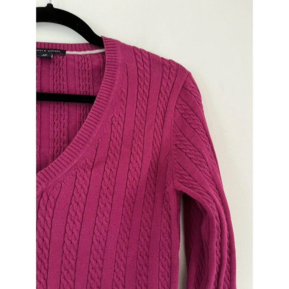 Tommy Hilfigier Purple Fitted V Neck Cable Knit Sweater Women’s Size Small - Image 3