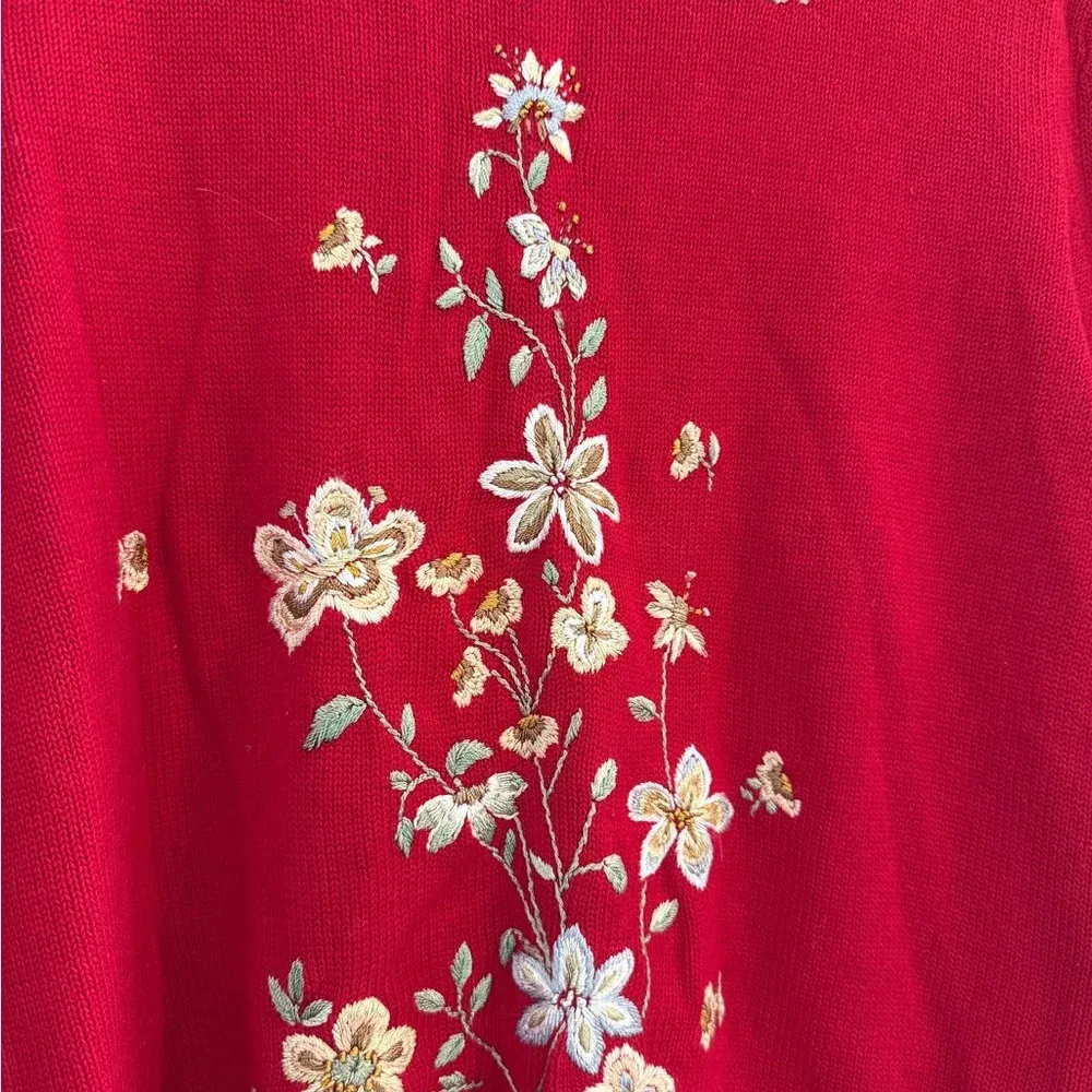 Vintage Heirloom Collectables Red Floral Embroidered Button Up Cardigan Sweater - Image 5