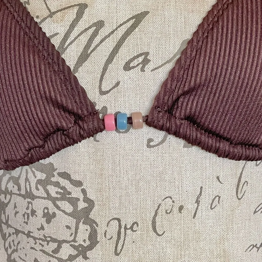 Motf Shein Bikini Bra Top Brown Ribbed Size XS Back Tied Beads Padded NWT Summer - Image 6