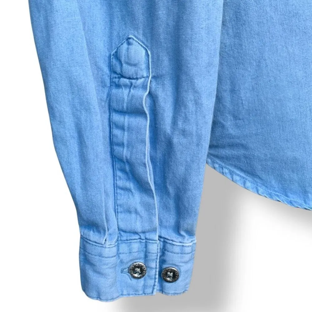 Vintage 90s Embroidered Chambray Denim Shirt Button Down Floral Long Sleeve Blue Size M - Image 9