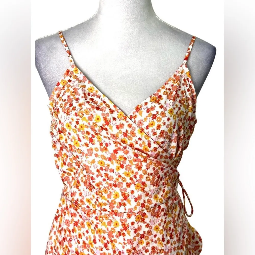 VeroModa Orange & White Floral Wrap Sundress with Adjustable Spaghetti Straps - Image 3
