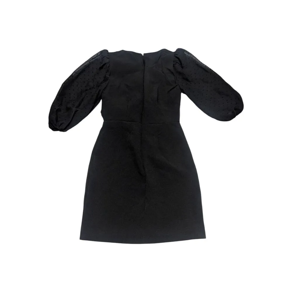 ASOS Wrap Front Mini Dress Textured Puff Sleeve Black Womens 2 Swiss Dot Bow Tie - Image 3