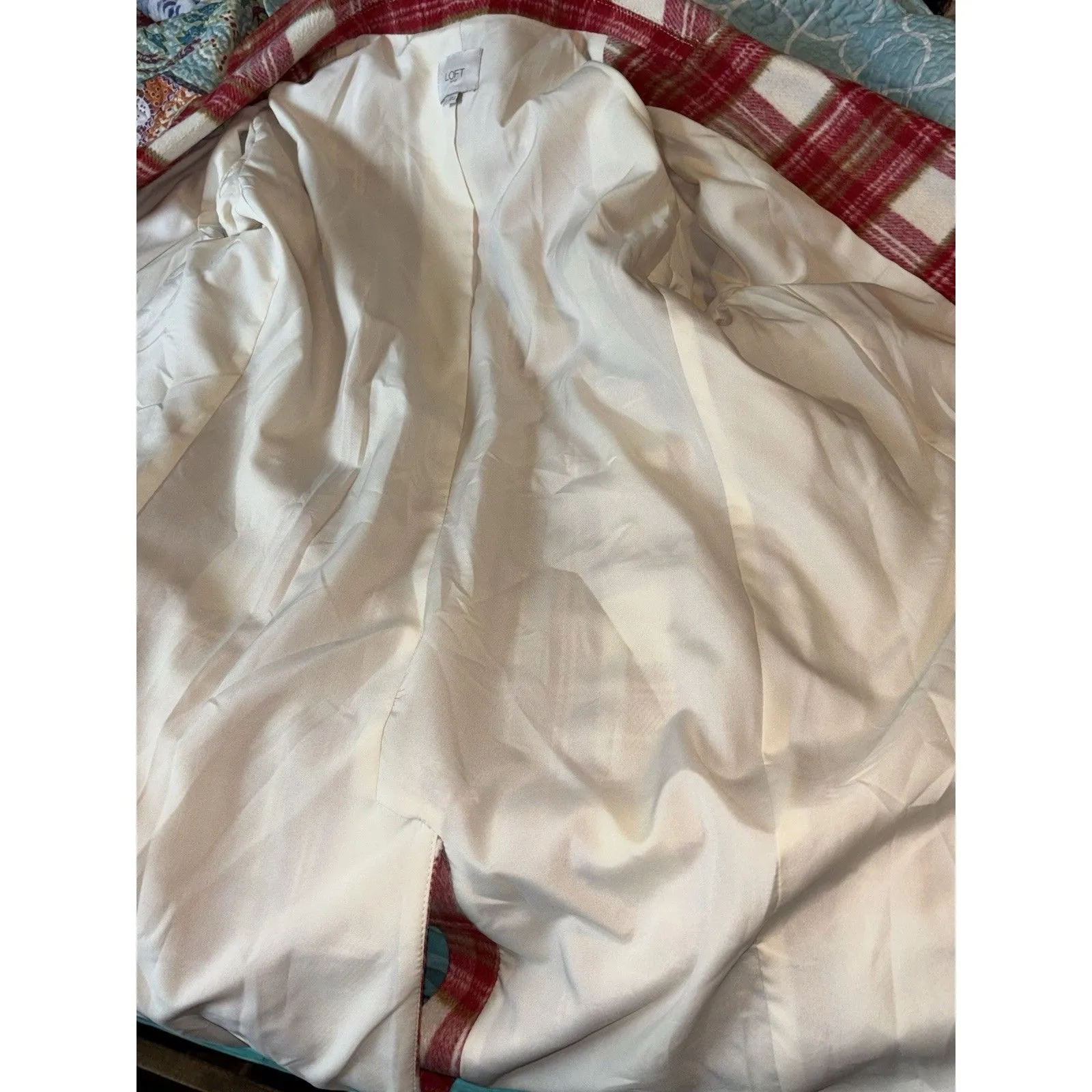 LOFT NWOTS Plaid Double Breasted Red Cream Coat Sz L Wool Blend Fully Lined Size L - Image 13